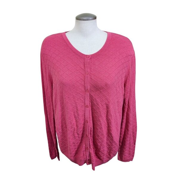 Hilary Radley Sweaters - Hilary Radley Women Plus XXL Button Cardigan Sweater Coral Diagonal Check Cotton